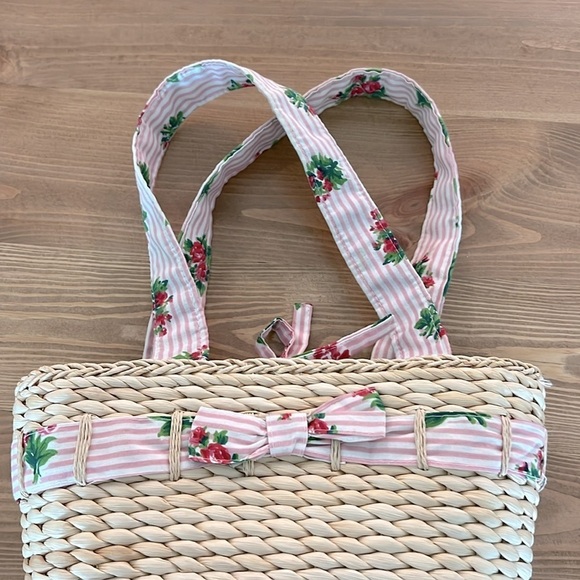 Laura Ashley Vintage Straw Tote Shoulder Bag Pink White Floral Stripe Bow Detail - Picture 17 of 17